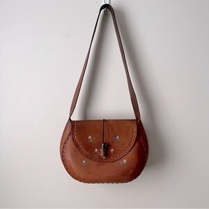 vintage 70s cognac leather purse with small hand painted flowers